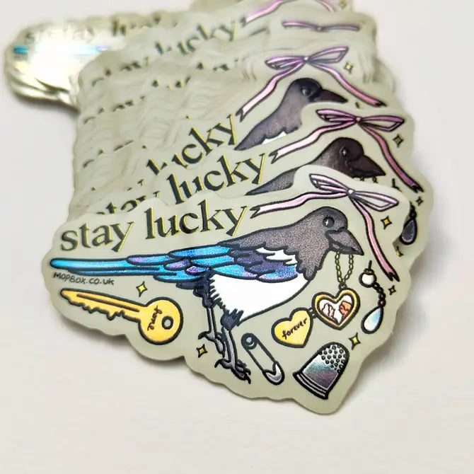Stay Lucky Magpie Sticker - Vintage Trinkets Mirror Vinyl