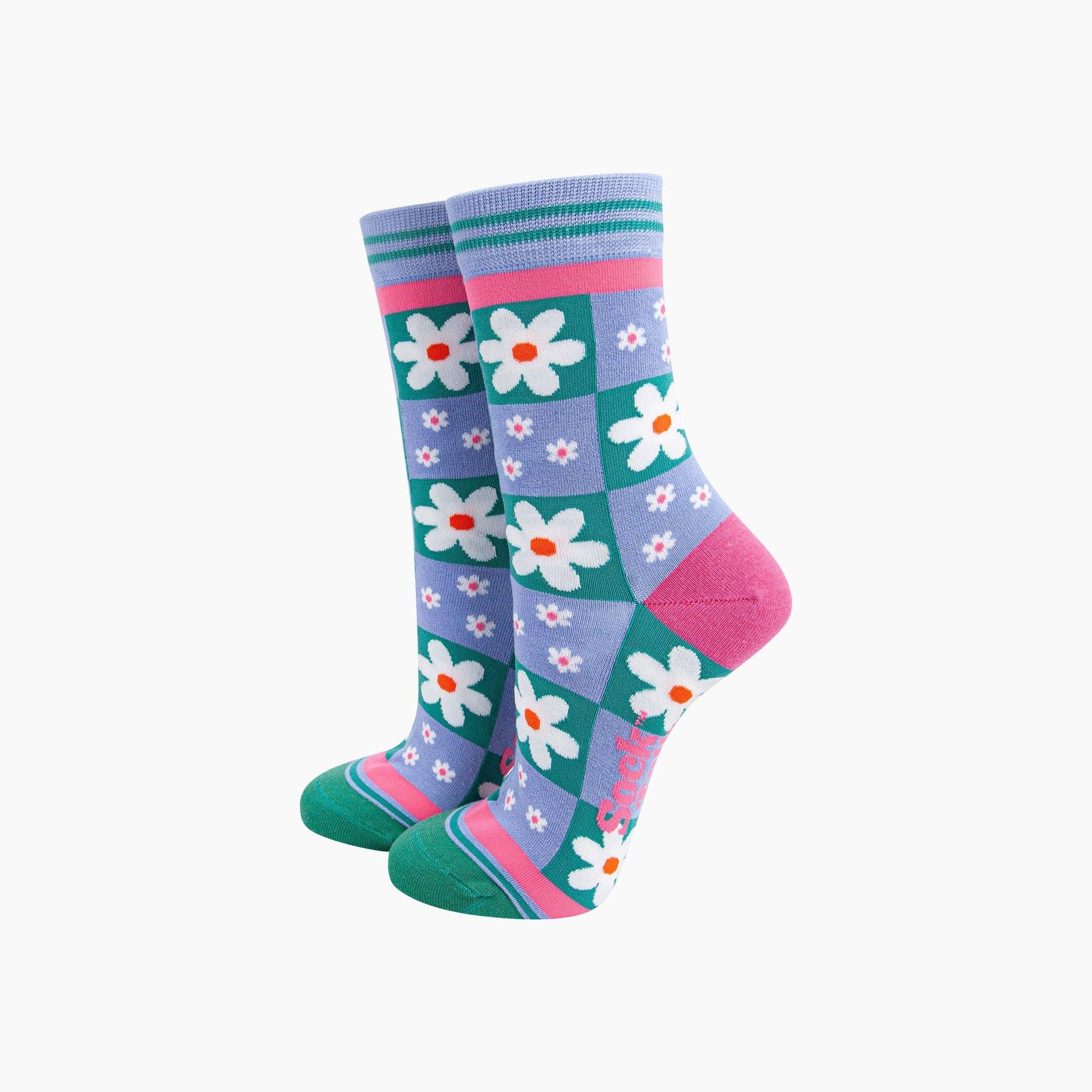 Colorful socks with floral pattern on a white background