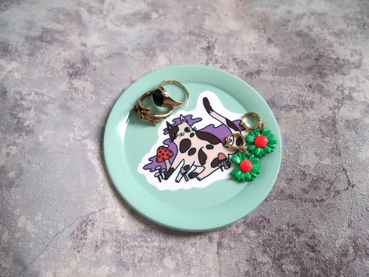 Mushroom Cat Seafoam Green Trinket Dish