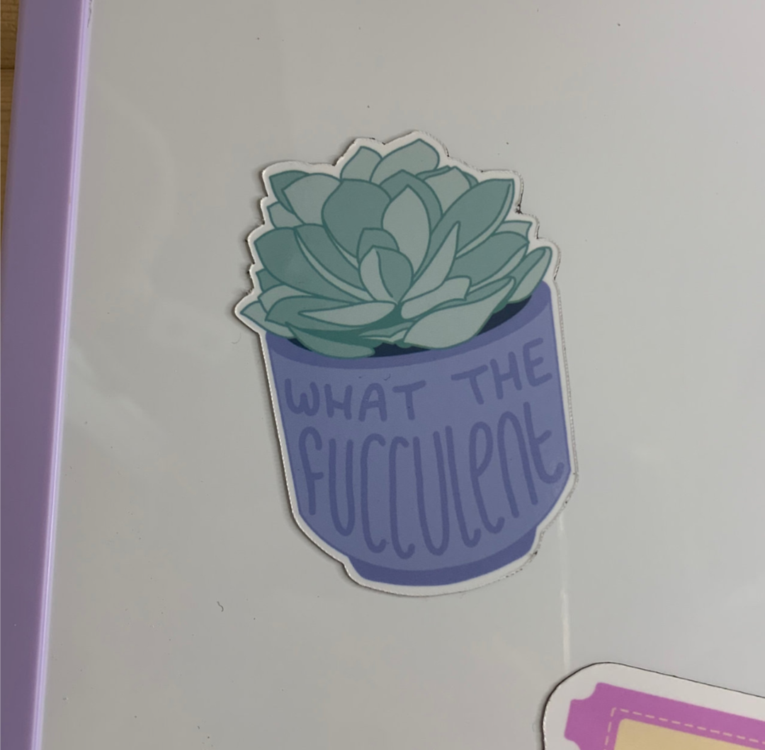 A fridge magnet with a light green succulent plant in a lavender-blue pot with the text 'WHAT THE FUCCULENT' written on it, shown on a white surface.