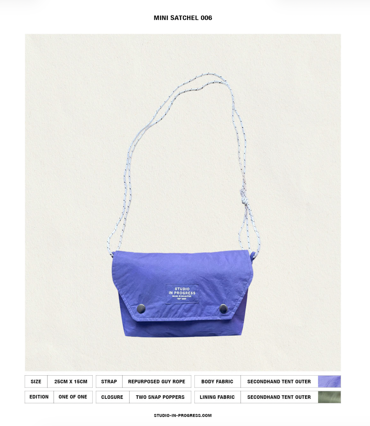 A purple mini satchel bag with a white rope strap, displayed against a light beige background with product specifications and a colour swatch chart at the bottom.