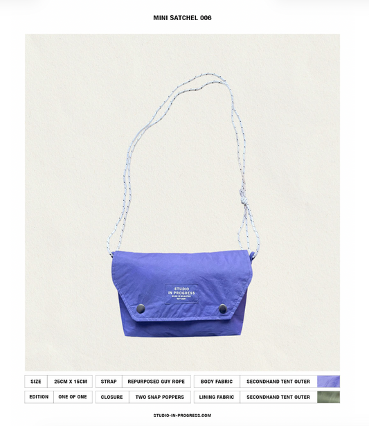 A purple mini satchel bag with a white rope strap, displayed against a light beige background with product specifications and a colour swatch chart at the bottom.
